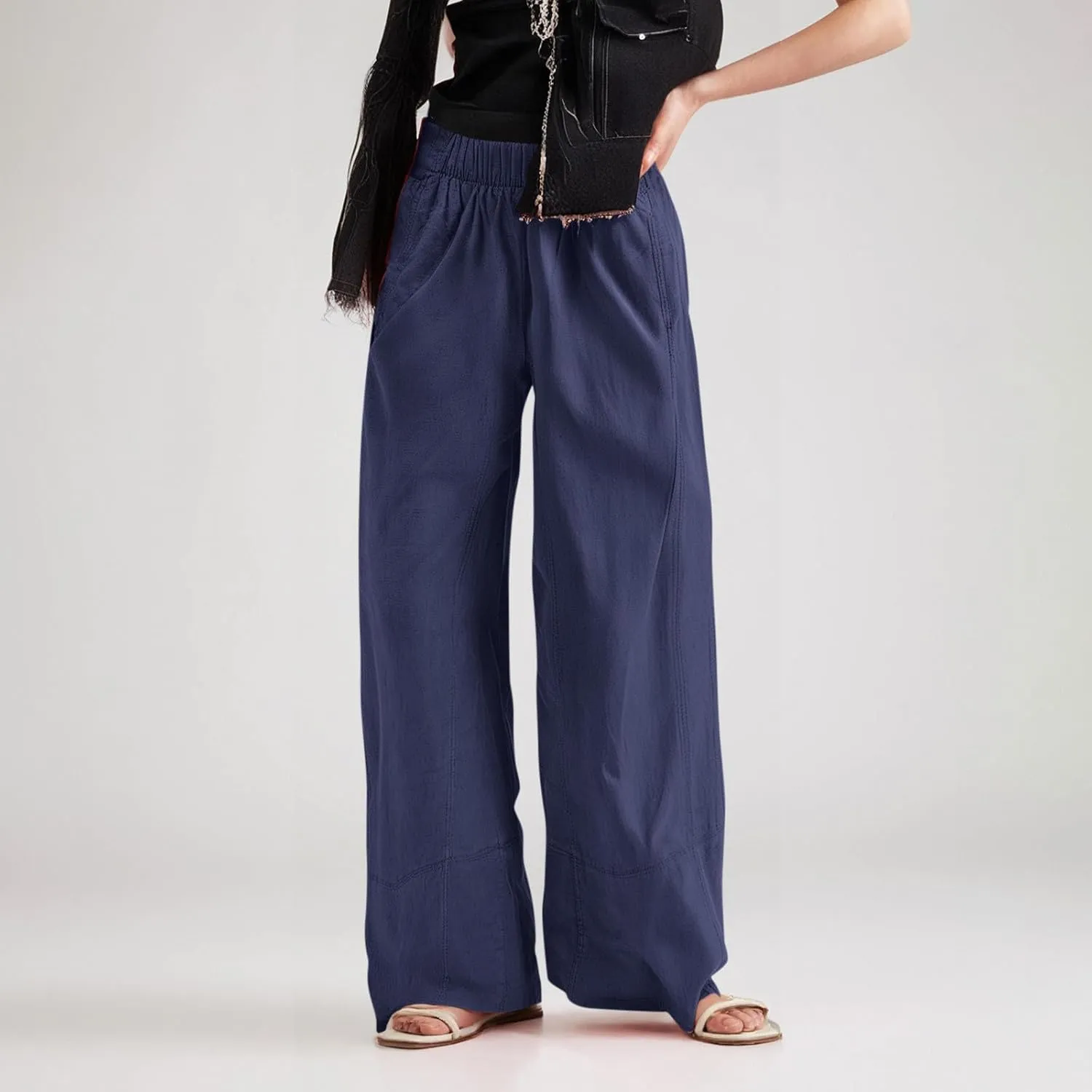 fanmpghleoo Wide Leg Linen Pants for Women Elastic High Waisted Palazzo Pants Summer Beach Travel Linen Trousers with Pockets