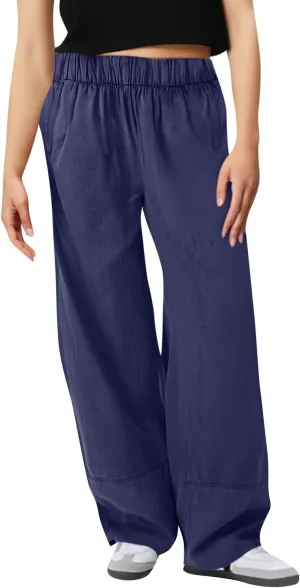 fanmpghleoo Wide Leg Linen Pants for Women Elastic High Waisted Palazzo Pants Summer Beach Travel Linen Trousers with Pockets