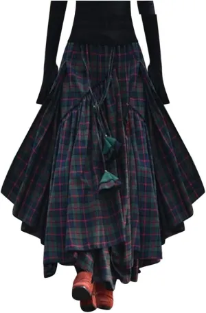Fashion Women Loose Plaid Print Plus Szie Long Skirt Fringe Irregular Waiste Maxi Skirts summer skirts for women trendy