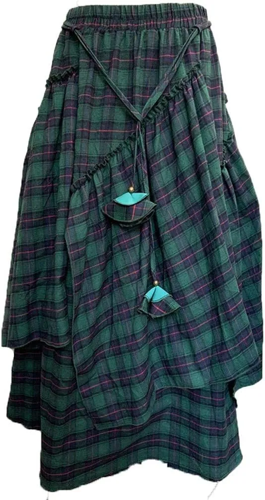 Fashion Women Loose Plaid Print Plus Szie Long Skirt Fringe Irregular Waiste Maxi Skirts summer skirts for women trendy