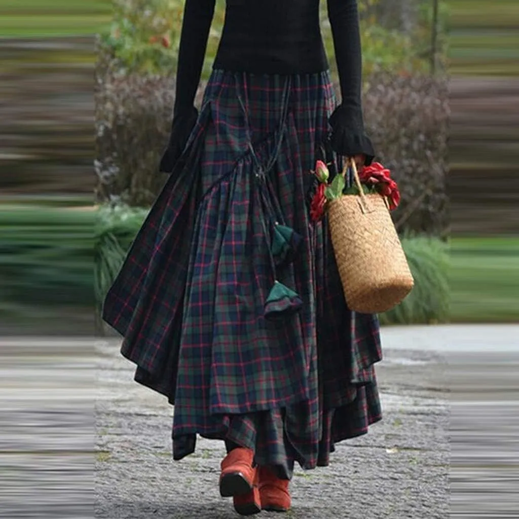 Fashion Women Loose Plaid Print Plus Szie Long Skirt Fringe Irregular Waiste Maxi Skirts summer skirts for women trendy