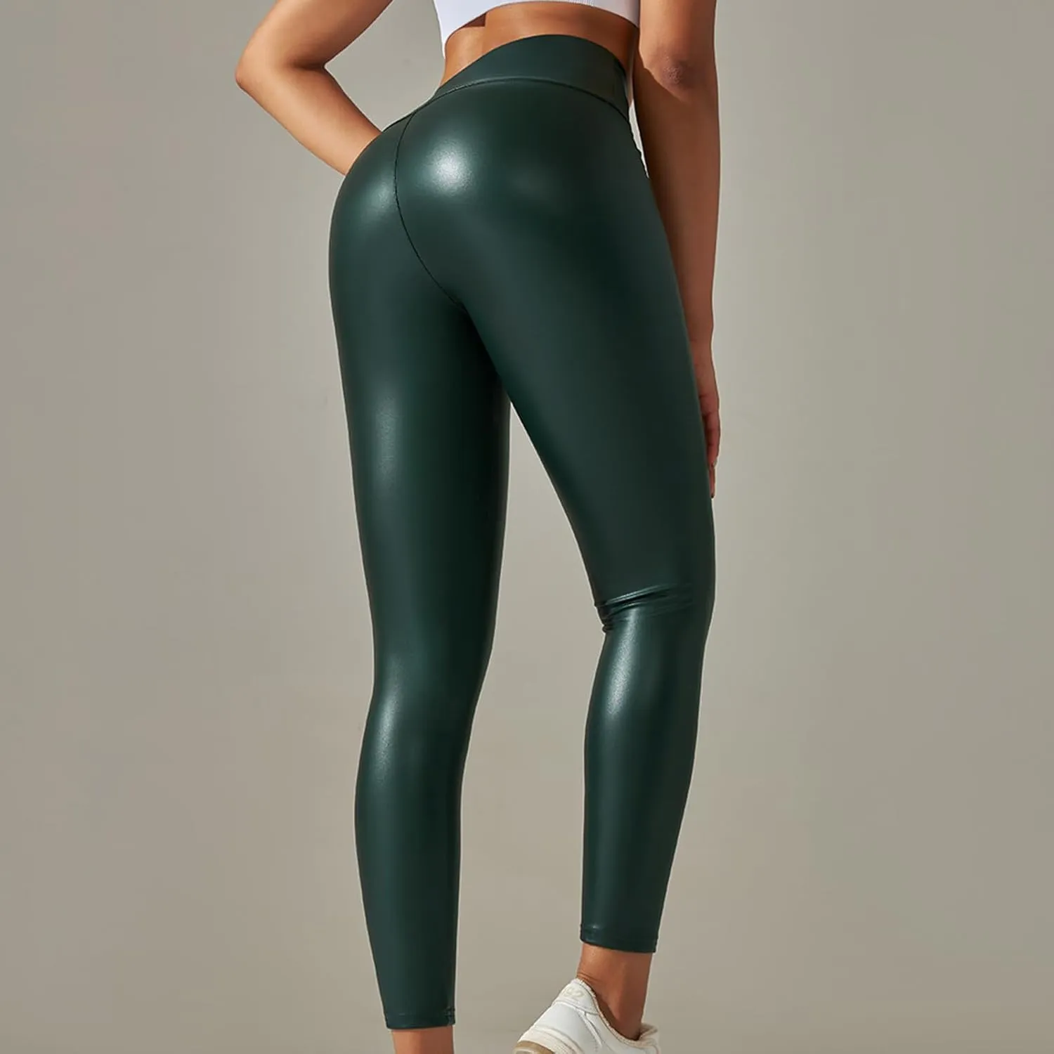 Faux Leather Leggings for Women Plus Size High Waist Pleather Pants Casual Slim Fit Elastic Waist Tights Trousers