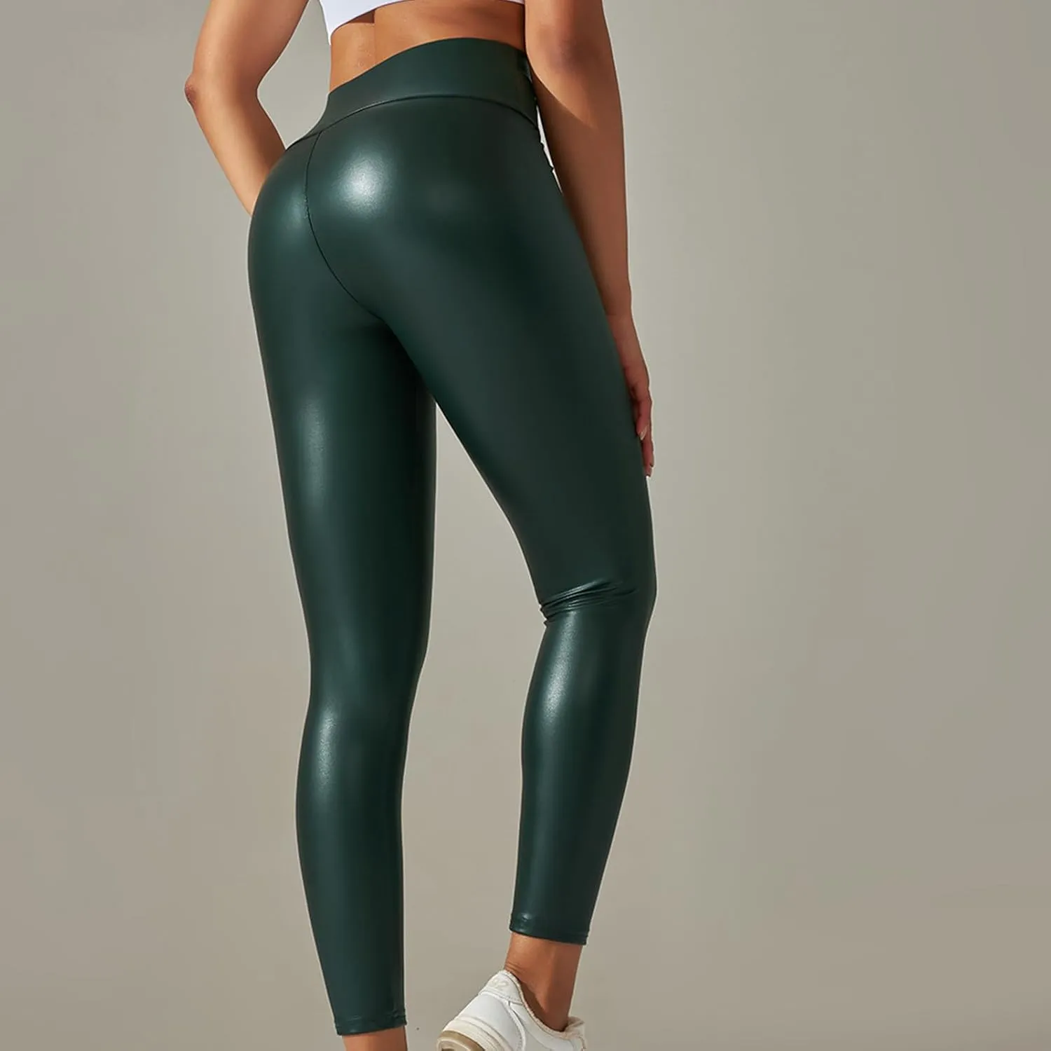 Faux Leather Leggings for Women Plus Size High Waist Pleather Pants Casual Slim Fit Elastic Waist Tights Trousers