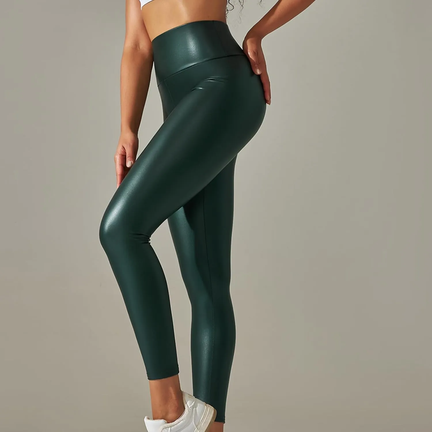 Faux Leather Leggings for Women Plus Size High Waist Pleather Pants Casual Slim Fit Elastic Waist Tights Trousers