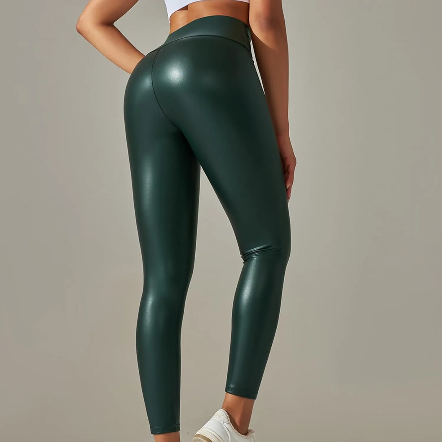 Faux Leather Leggings for Women Plus Size High Waist Pleather Pants Casual Slim Fit Elastic Waist Tights Trousers