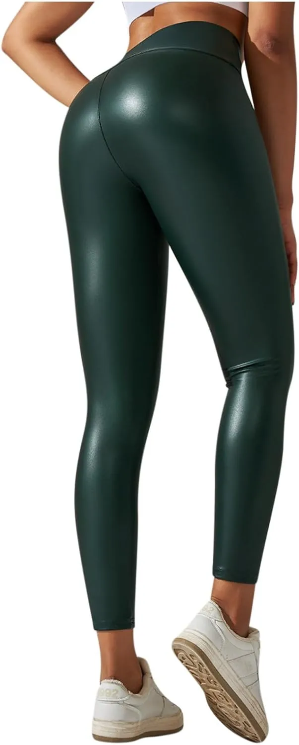 Faux Leather Leggings for Women Plus Size High Waist Pleather Pants Casual Slim Fit Elastic Waist Tights Trousers