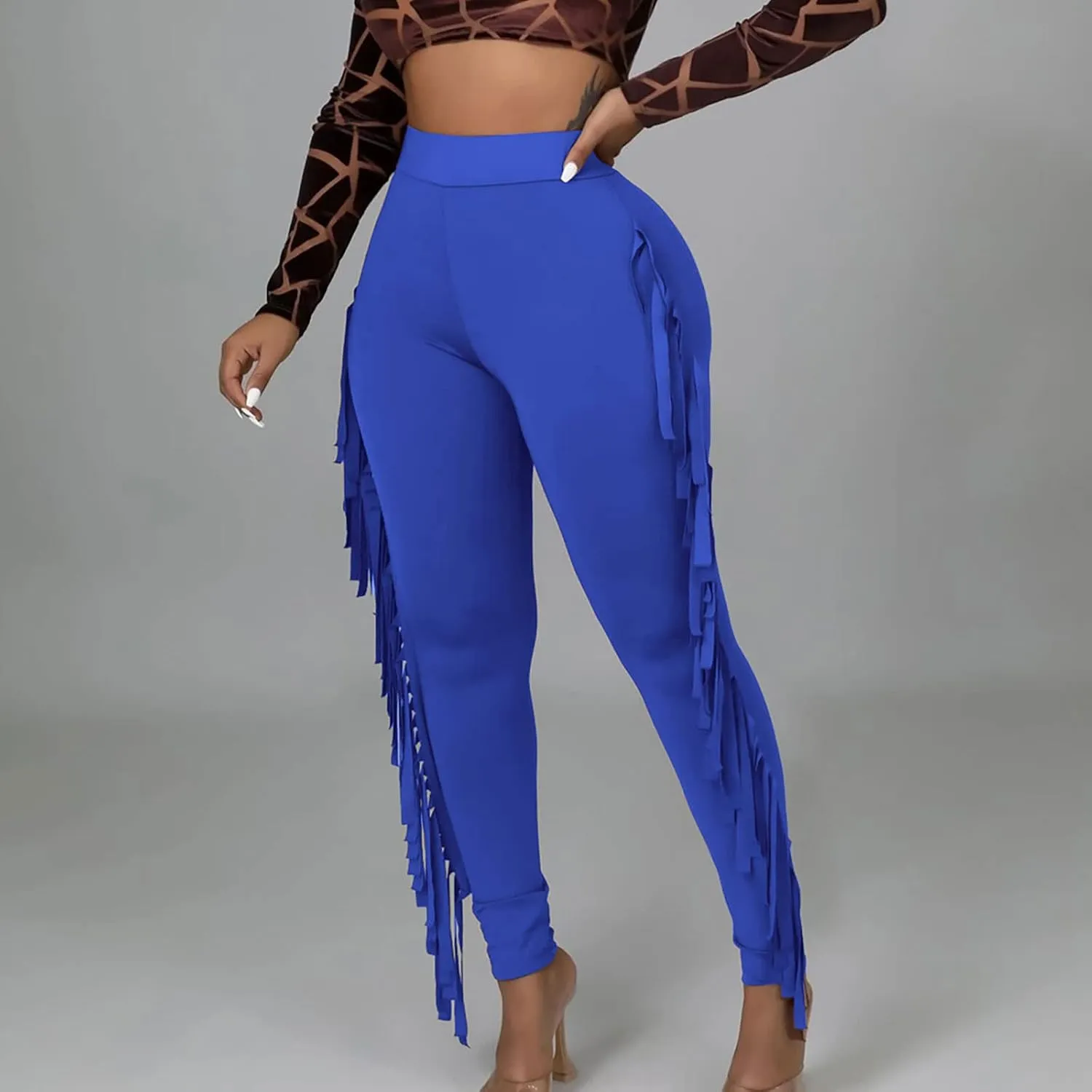 Firzero Women's Fringe Pants Casual High Waist Bodycon Side Tassel Pants Sexy Yoga Pants Long Lounge Jogger