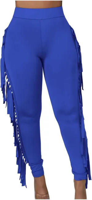 Firzero Women's Fringe Pants Casual High Waist Bodycon Side Tassel Pants Sexy Yoga Pants Long Lounge Jogger