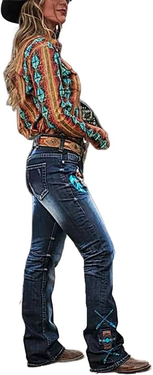 Flamingals Women Floral Bootcut Jeans Mid Waist Ripped Jeans Vintage Denim Pants with Pockets