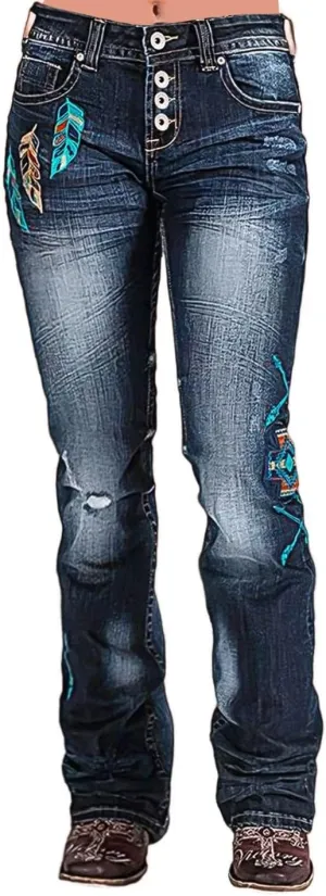 Flamingals Women Floral Bootcut Jeans Mid Waist Ripped Jeans Vintage Denim Pants with Pockets