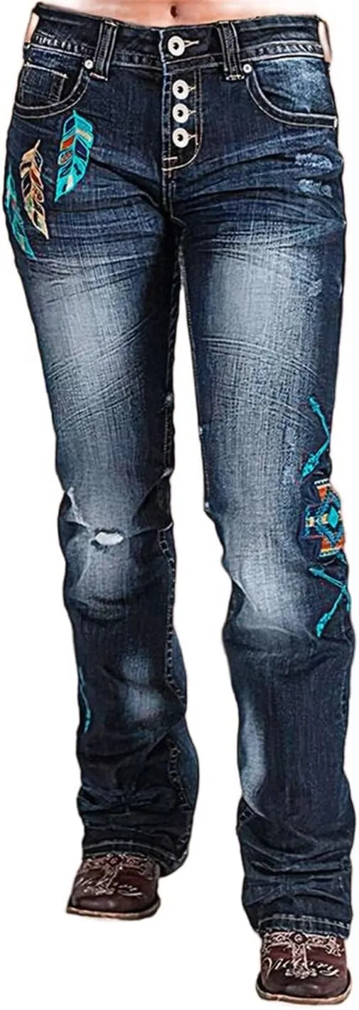 Flamingals Women Floral Bootcut Jeans Mid Waist Ripped Jeans Vintage Denim Pants with Pockets
