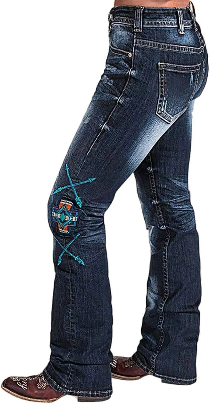 Flamingals Women Floral Bootcut Jeans Mid Waist Ripped Jeans Vintage Denim Pants with Pockets
