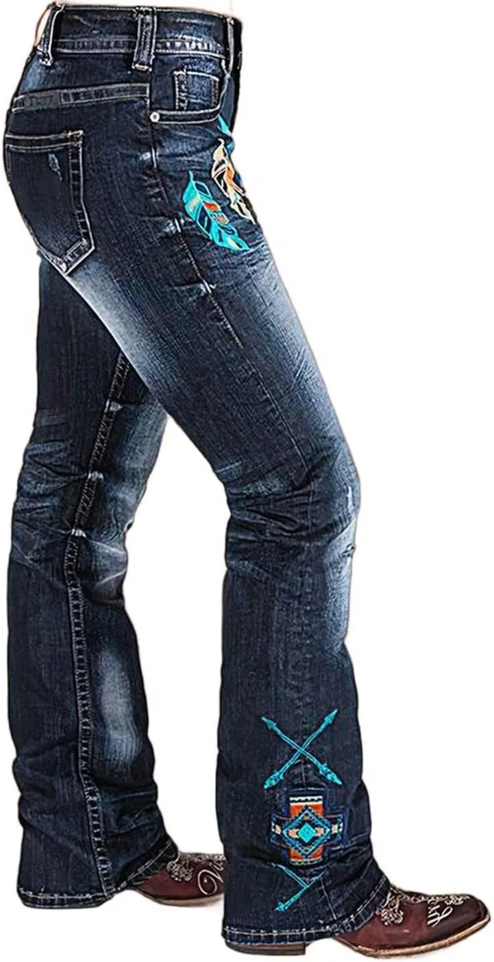 Flamingals Women Floral Bootcut Jeans Mid Waist Ripped Jeans Vintage Denim Pants with Pockets