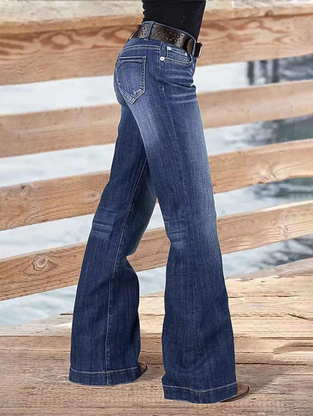 Flamingals Women's Flare Leg Bootcut Jeans Mid Waisted Wash Stitch Detail Stretchy Denim Jeans