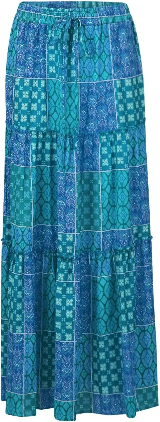 FlekmanArt Skirts for Women Boho Flowy Swing Tiered A-Line Midi Skirt 2025 Trendy Elastic Waist Pleated Long Beach Dress