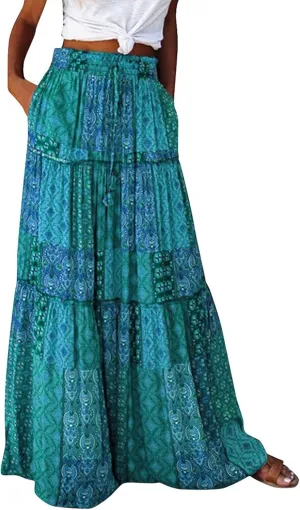 FlekmanArt Skirts for Women Boho Flowy Swing Tiered A-Line Midi Skirt 2025 Trendy Elastic Waist Pleated Long Beach Dress