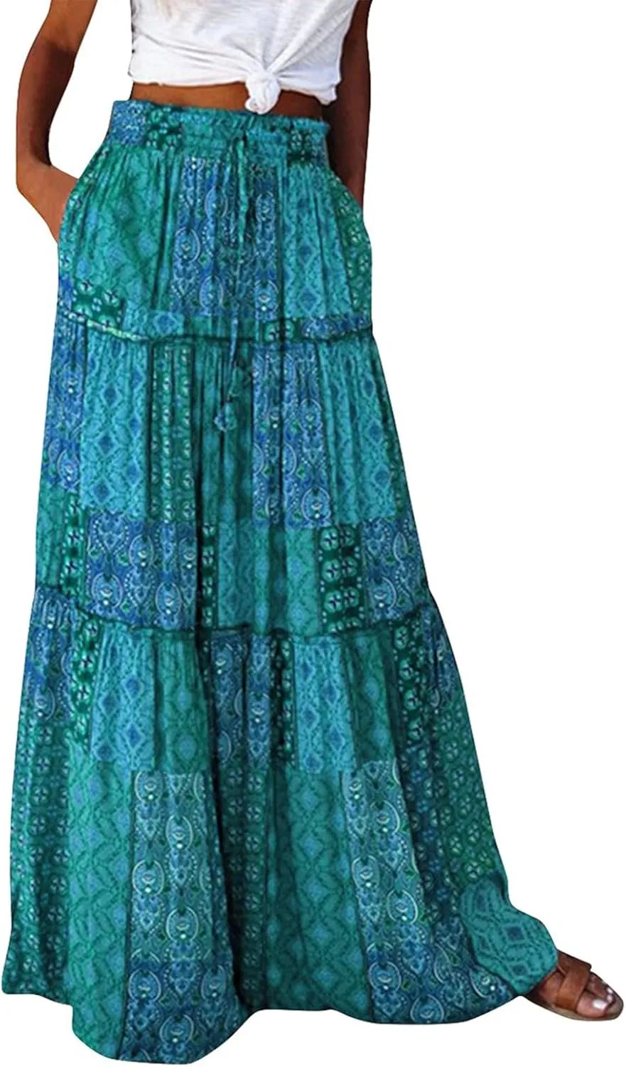 FlekmanArt Skirts for Women Boho Flowy Swing Tiered A-Line Midi Skirt 2025 Trendy Elastic Waist Pleated Long Beach Dress