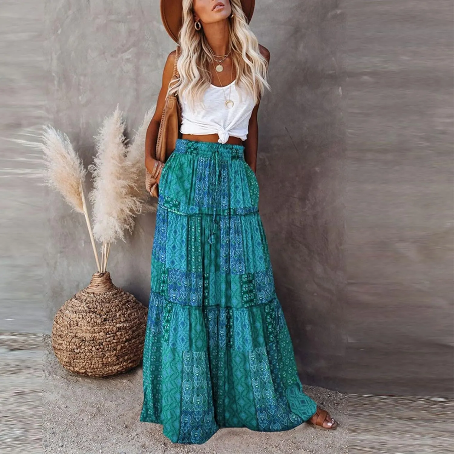 FlekmanArt Skirts for Women Boho Flowy Swing Tiered A-Line Midi Skirt 2025 Trendy Elastic Waist Pleated Long Beach Dress