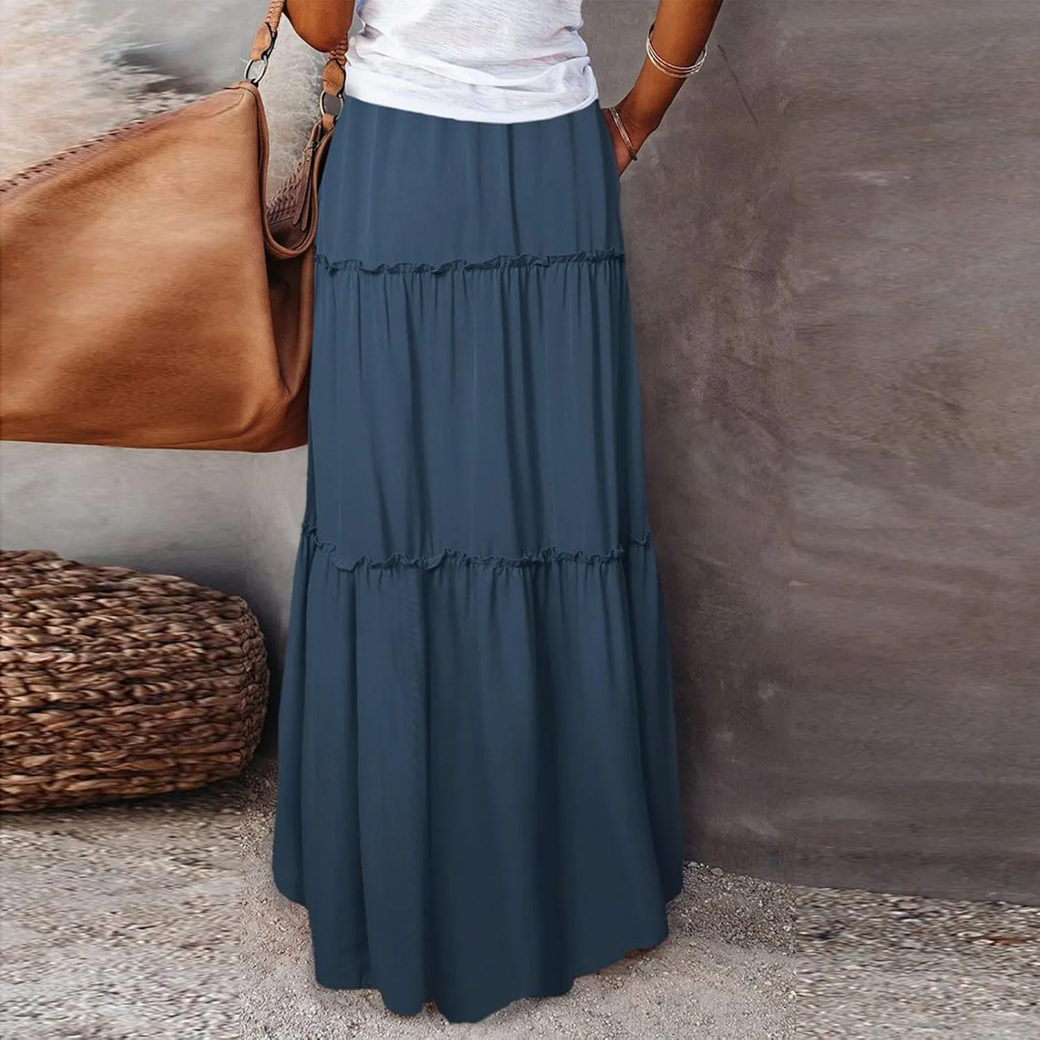 FlekmanArt Womens Summer Boho Flowy Swing Tiered A-Line Maxi Skirt 2025 Fashion Trendy Elastic Waist Pleated Long Beach Dress