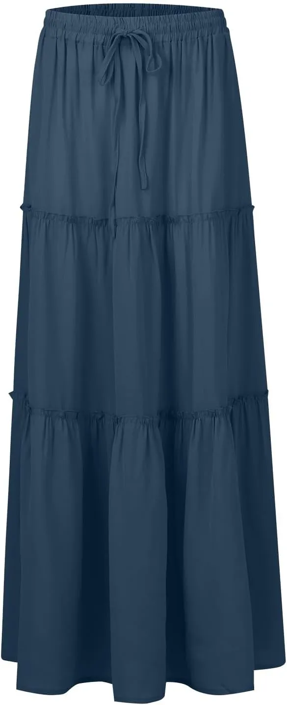 FlekmanArt Womens Summer Boho Flowy Swing Tiered A-Line Maxi Skirt 2025 Fashion Trendy Elastic Waist Pleated Long Beach Dress