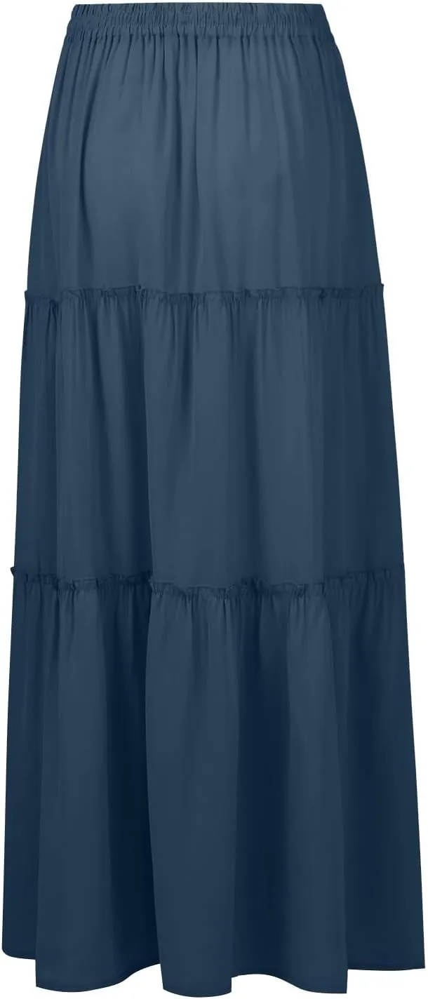 FlekmanArt Womens Summer Boho Flowy Swing Tiered A-Line Maxi Skirt 2025 Fashion Trendy Elastic Waist Pleated Long Beach Dress