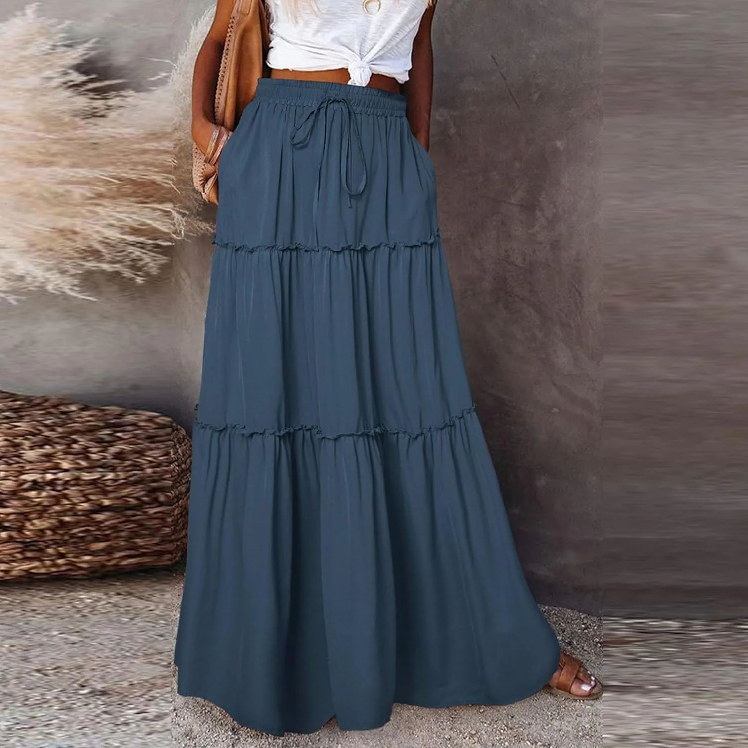 FlekmanArt Womens Summer Boho Flowy Swing Tiered A-Line Maxi Skirt 2025 Fashion Trendy Elastic Waist Pleated Long Beach Dress