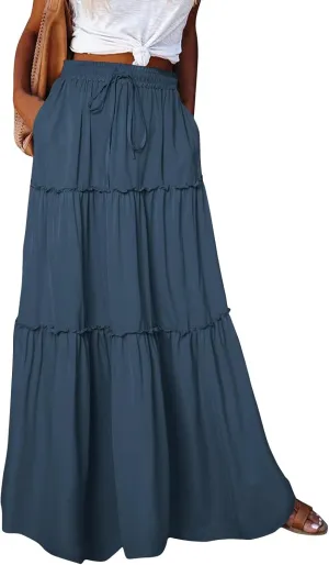 FlekmanArt Womens Summer Boho Flowy Swing Tiered A-Line Maxi Skirt 2025 Fashion Trendy Elastic Waist Pleated Long Beach Dress