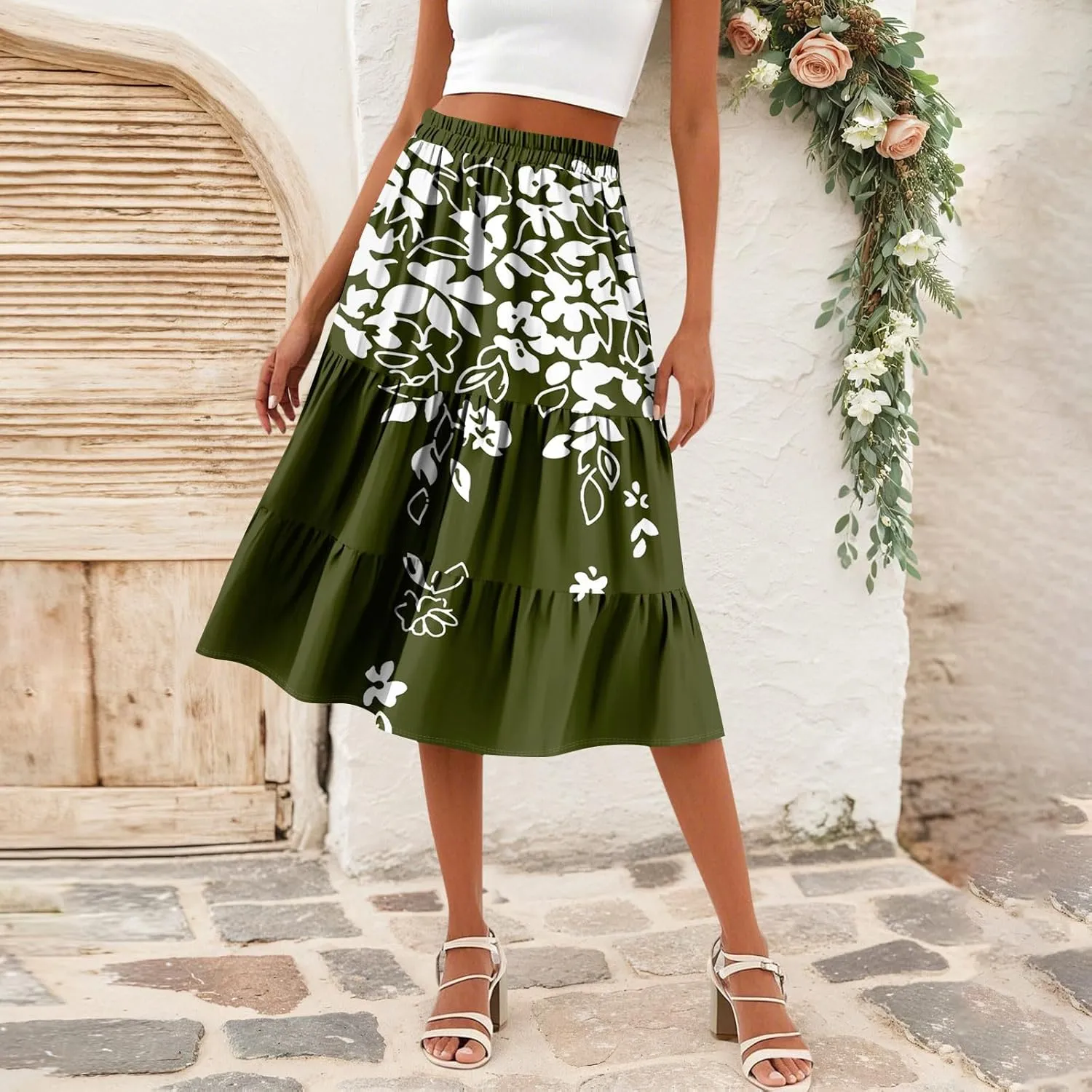 Floral Skirts for Women Boho Flowy Beach Calf Length Midi Skirt Vacation Tiered Elastic High Waisted Skirts Spring
