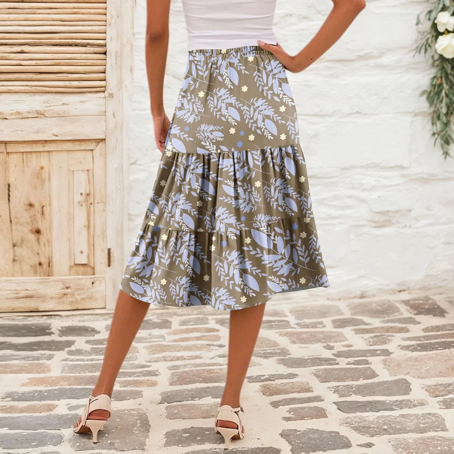 Floral Skirts for Women Boho Flowy Beach Calf Length Midi Skirt Vacation Tiered Elastic High Waisted Skirts Spring