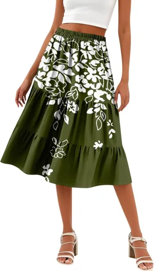 Floral Skirts for Women Boho Flowy Beach Calf Length Midi Skirt Vacation Tiered Elastic High Waisted Skirts Spring