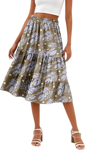 Floral Skirts for Women Boho Flowy Beach Calf Length Midi Skirt Vacation Tiered Elastic High Waisted Skirts Spring