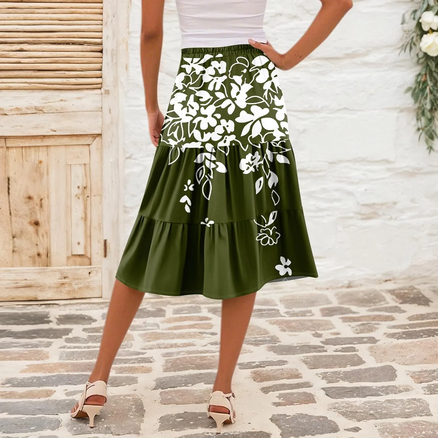 Floral Skirts for Women Boho Flowy Beach Calf Length Midi Skirt Vacation Tiered Elastic High Waisted Skirts Spring