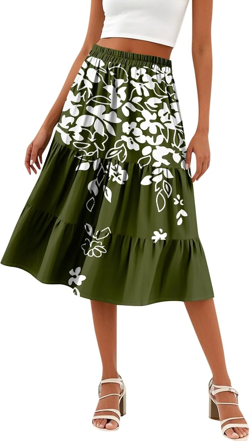 Floral Skirts for Women Boho Flowy Beach Calf Length Midi Skirt Vacation Tiered Elastic High Waisted Skirts Spring