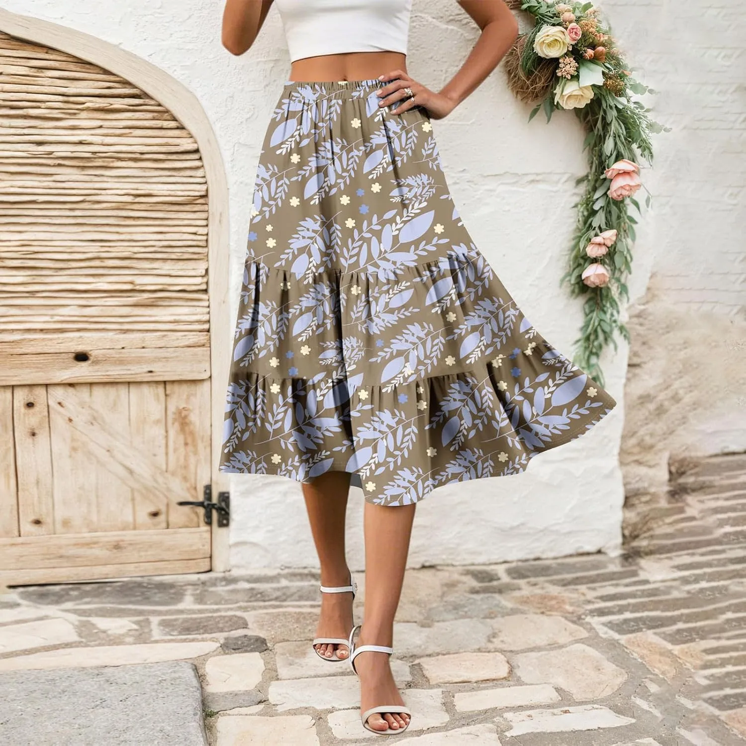 Floral Skirts for Women Boho Flowy Beach Calf Length Midi Skirt Vacation Tiered Elastic High Waisted Skirts Spring