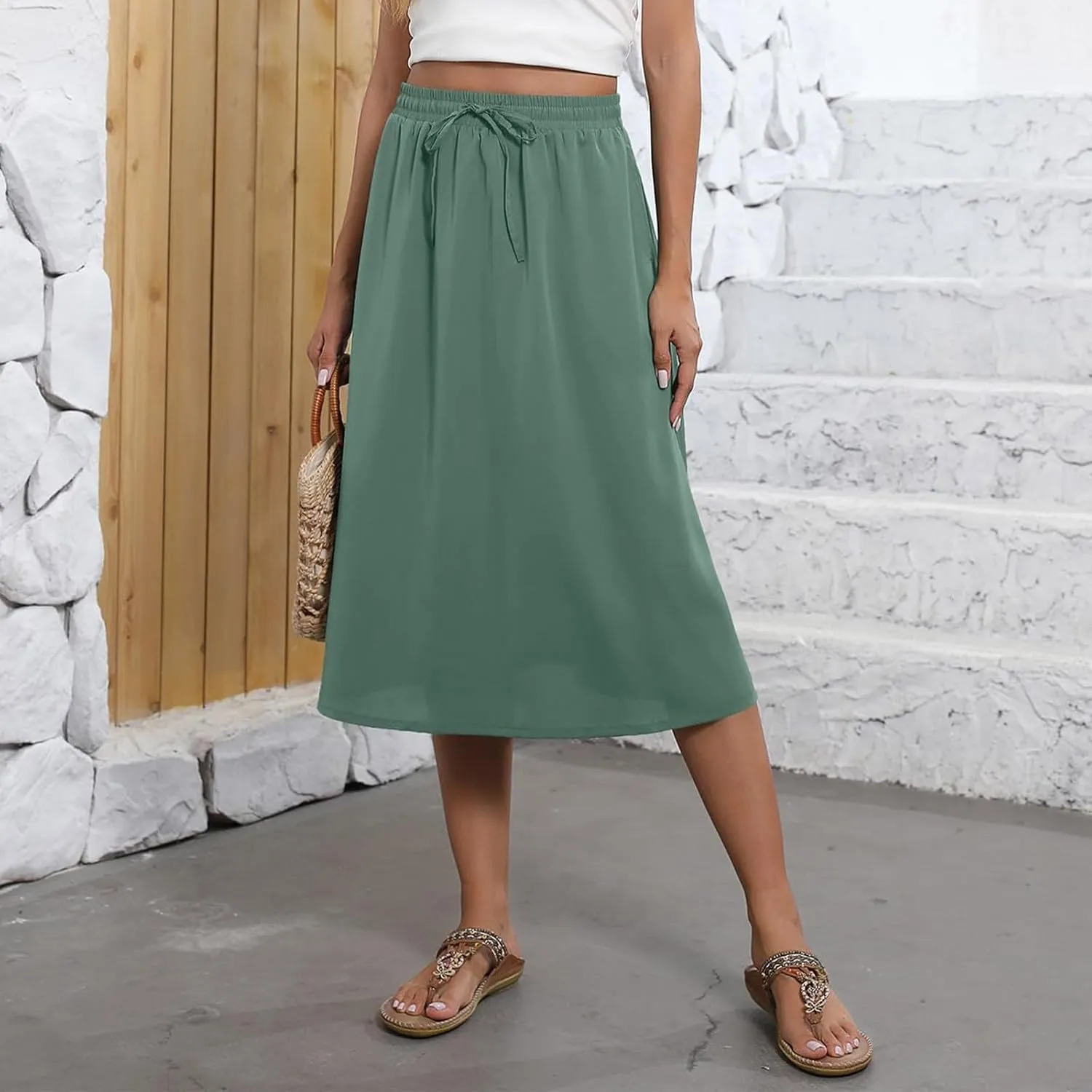 Floral Skirts for Women Midi Length Vintage Drawstring High Waisted A Line Skirt Flowy Boho Midi Skirt with Pockets