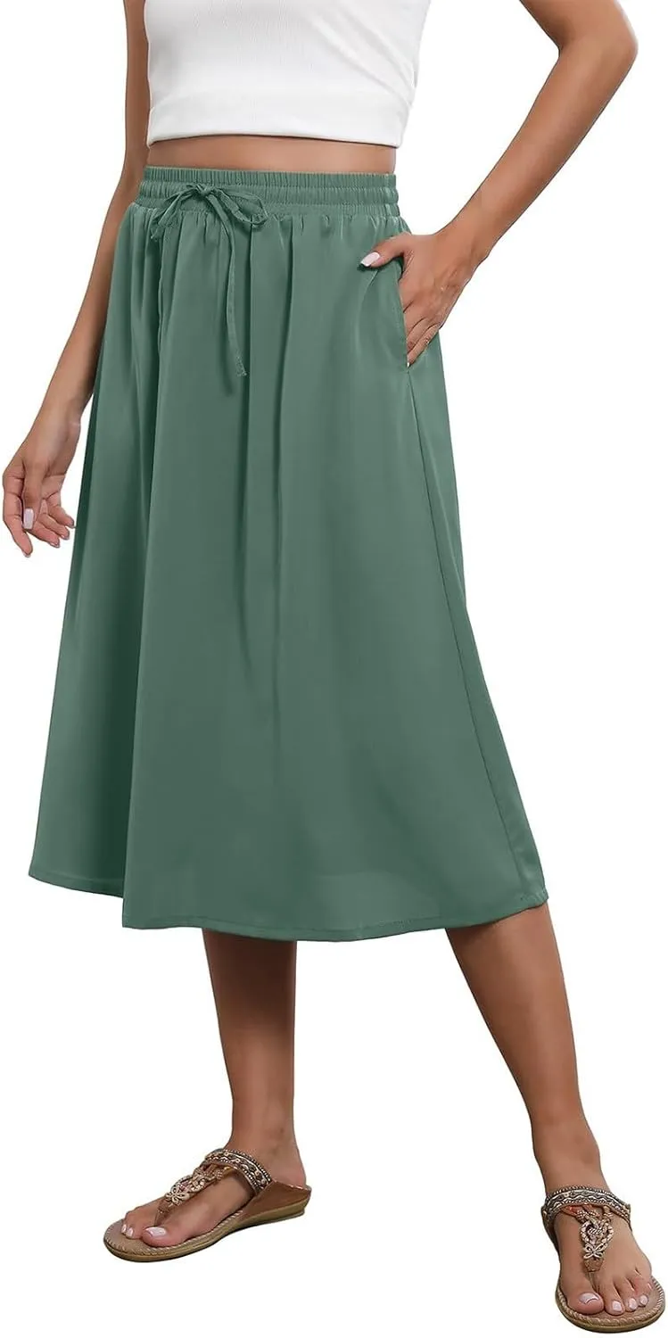 Floral Skirts for Women Midi Length Vintage Drawstring High Waisted A Line Skirt Flowy Boho Midi Skirt with Pockets