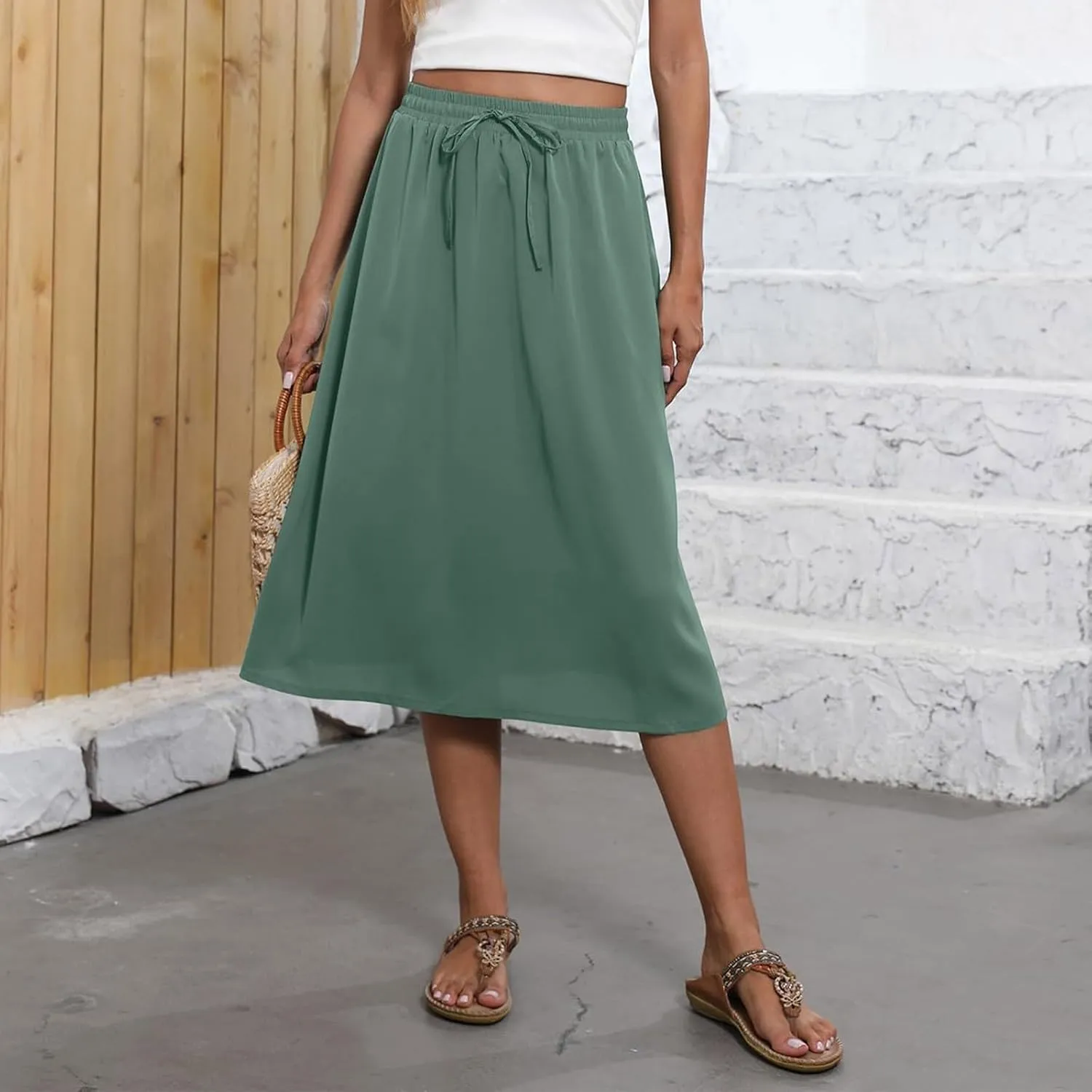 Floral Skirts for Women Midi Length Vintage Drawstring High Waisted A Line Skirt Flowy Boho Midi Skirt with Pockets