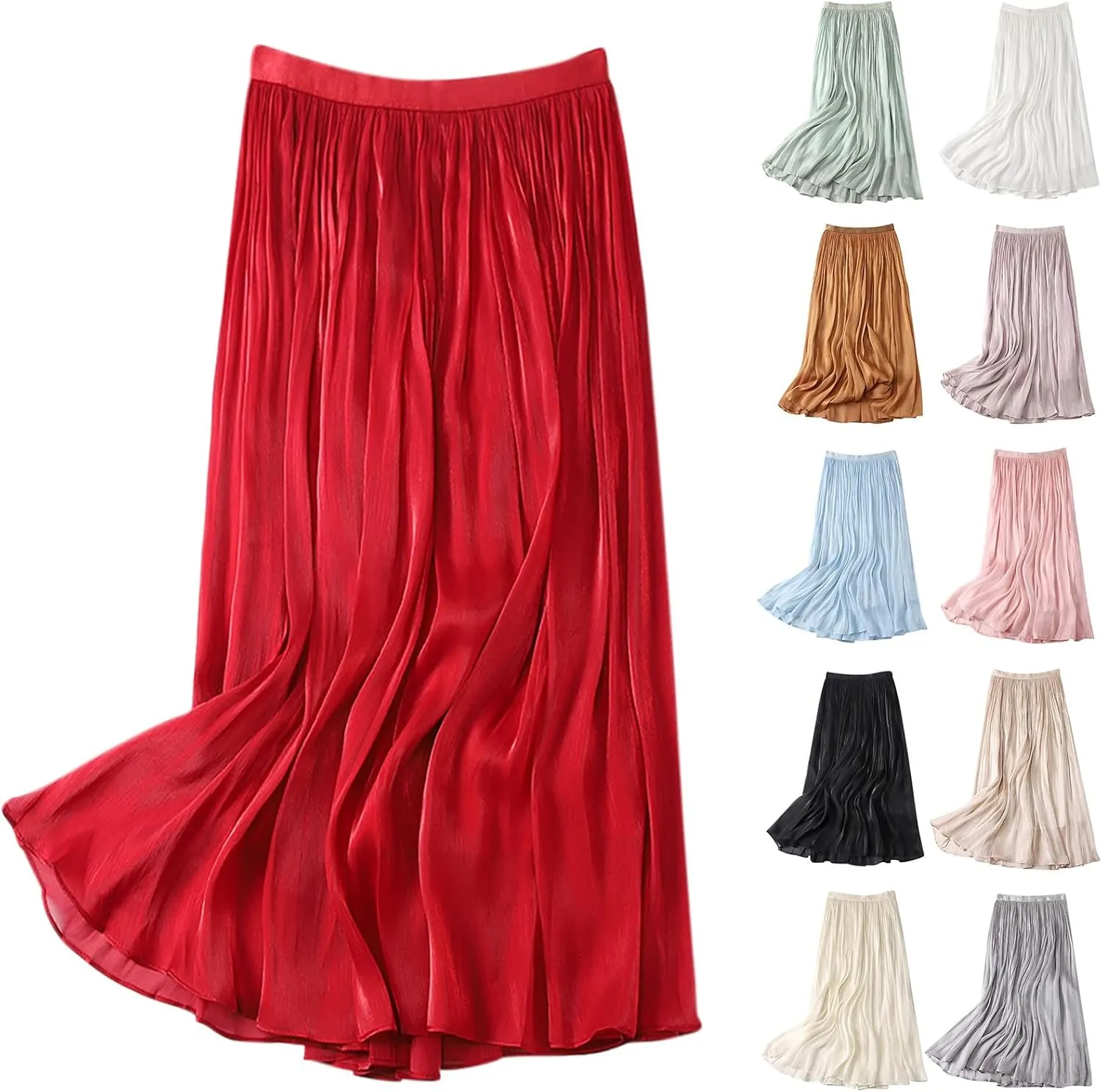 Flowy Skirt for Women Elegant a Line Swing Midi Skirts Casual Elastic Waist Mid Length Skirt Spring Comfy Skirts