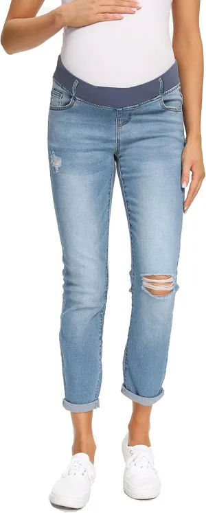 Foucome Women's Maternity Jeans Stretch Ripped Boyfriend Jeans Pregnancy Denim Pants with Pockets