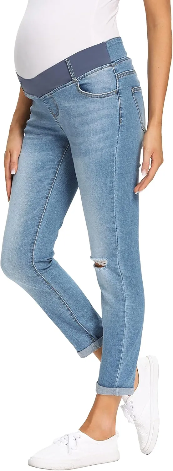 Foucome Women's Maternity Jeans Stretch Ripped Boyfriend Jeans Pregnancy Denim Pants with Pockets