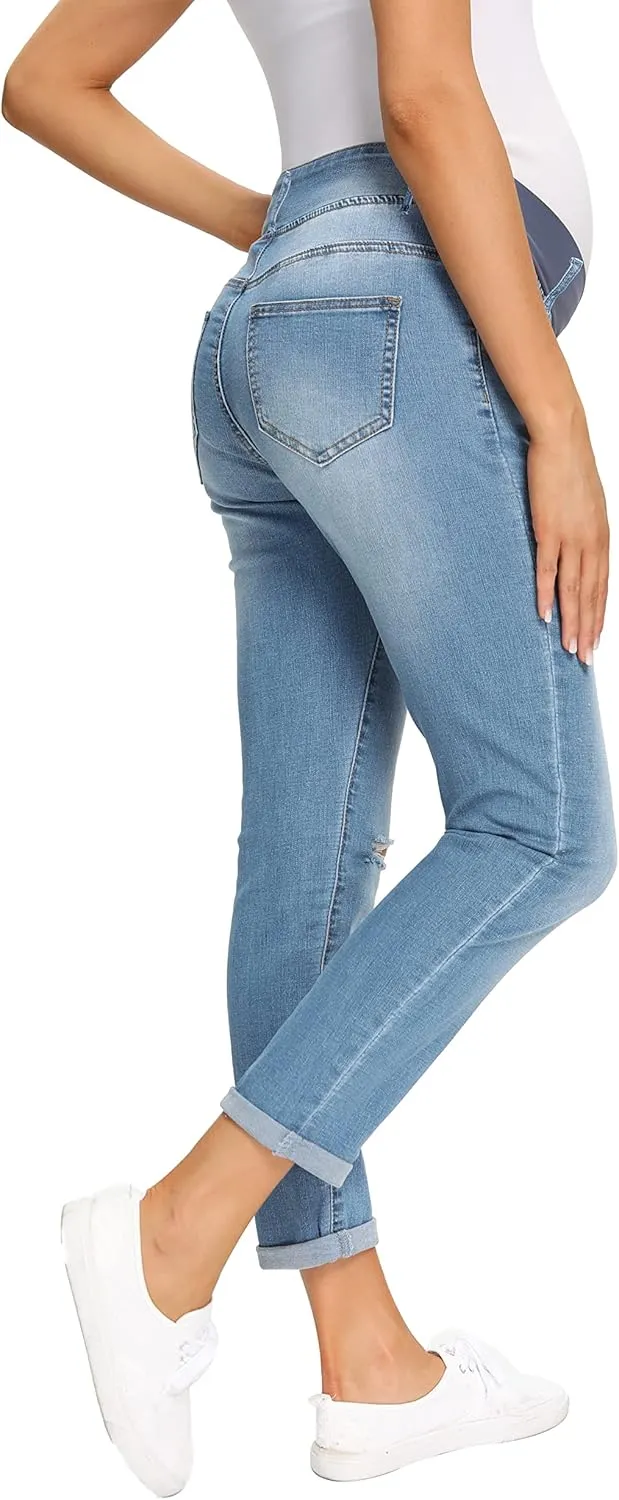 Foucome Women's Maternity Jeans Stretch Ripped Boyfriend Jeans Pregnancy Denim Pants with Pockets