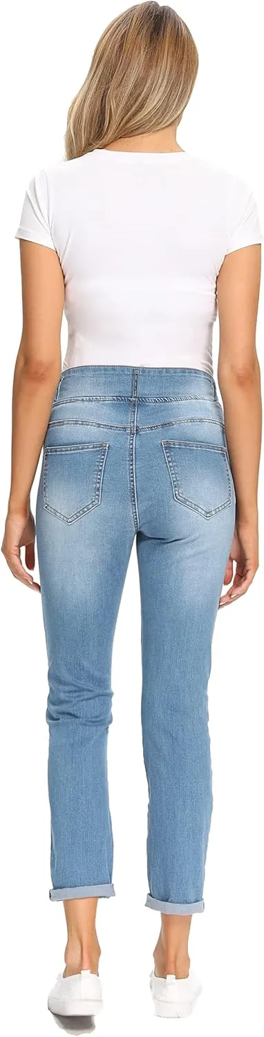 Foucome Women's Maternity Jeans Stretch Ripped Boyfriend Jeans Pregnancy Denim Pants with Pockets