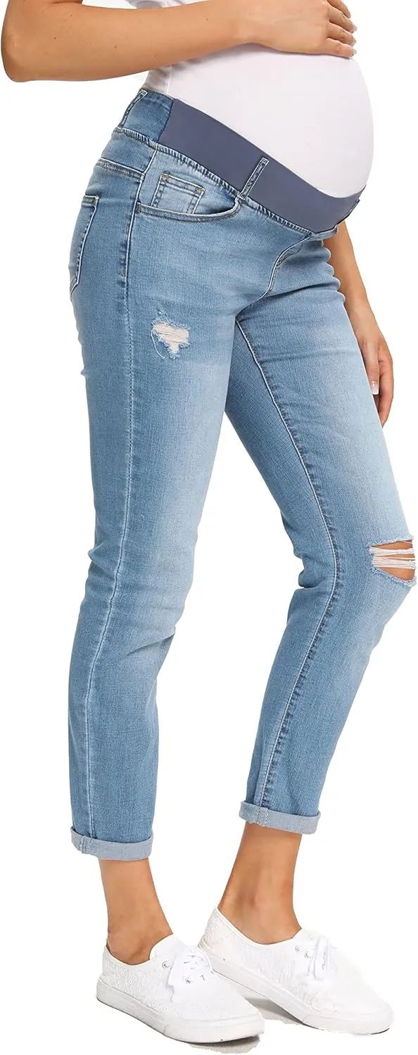 Foucome Women's Maternity Jeans Stretch Ripped Boyfriend Jeans Pregnancy Denim Pants with Pockets