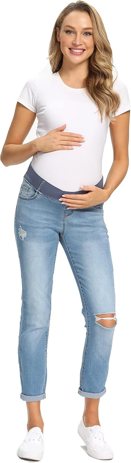 Foucome Women's Maternity Jeans Stretch Ripped Boyfriend Jeans Pregnancy Denim Pants with Pockets