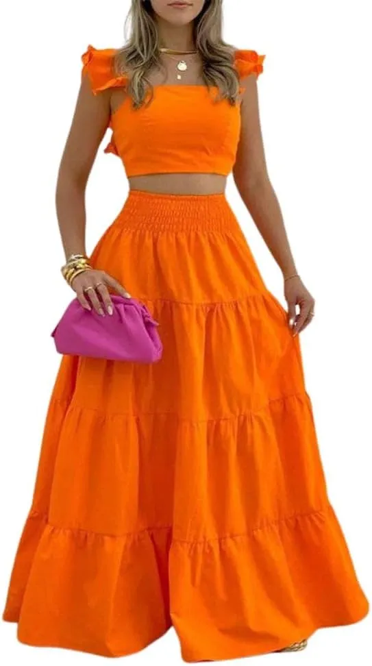 Fronage Women's 2 Piece Outifits Ruffle Sleeve Tank Top and High Waist Tiered Maxi Skirt Summer Casual Beach Dress Set