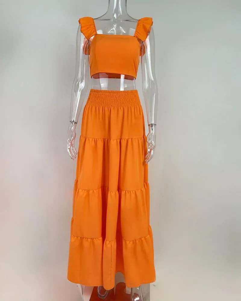 Fronage Women's 2 Piece Outifits Ruffle Sleeve Tank Top and High Waist Tiered Maxi Skirt Summer Casual Beach Dress Set