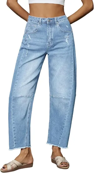 Genleck Barrel Jeans Women Wide Leg - Vintage Baggy Ripped Jeans Y2k Boyfriend Ankle Denim Pants