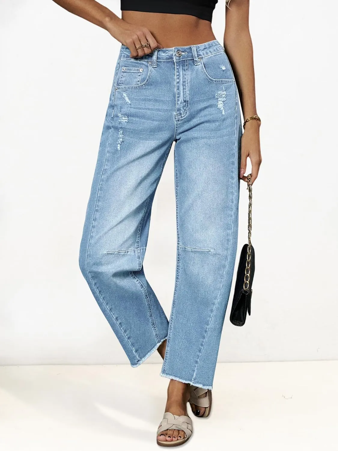 Genleck Barrel Jeans Women Wide Leg - Vintage Baggy Ripped Jeans Y2k Boyfriend Ankle Denim Pants