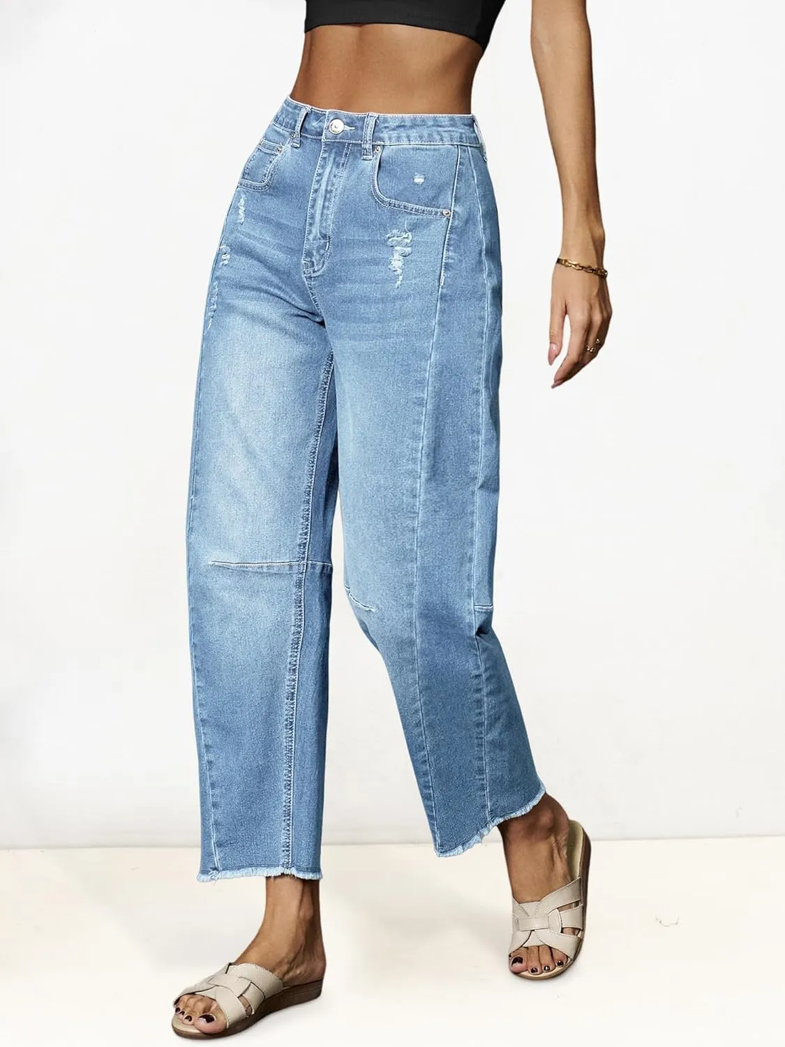 Genleck Barrel Jeans Women Wide Leg - Vintage Baggy Ripped Jeans Y2k Boyfriend Ankle Denim Pants