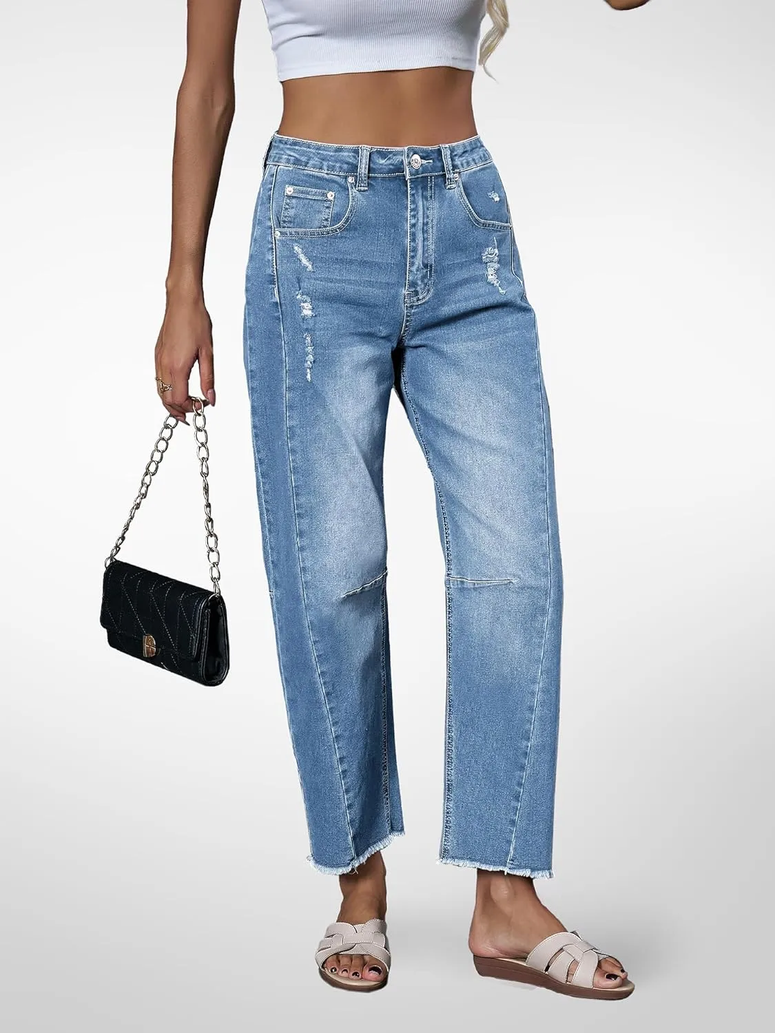 Genleck Barrel Jeans Women Wide Leg - Vintage Baggy Ripped Jeans Y2k Boyfriend Ankle Denim Pants
